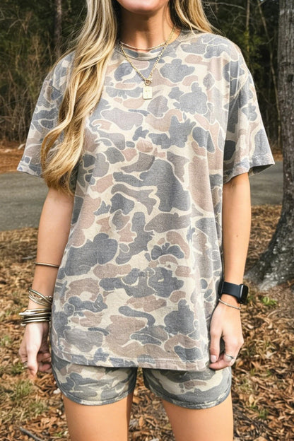 Women's Camo Short Sleeve T-Shirt and High Waist Drawstring Shorts Loungewear