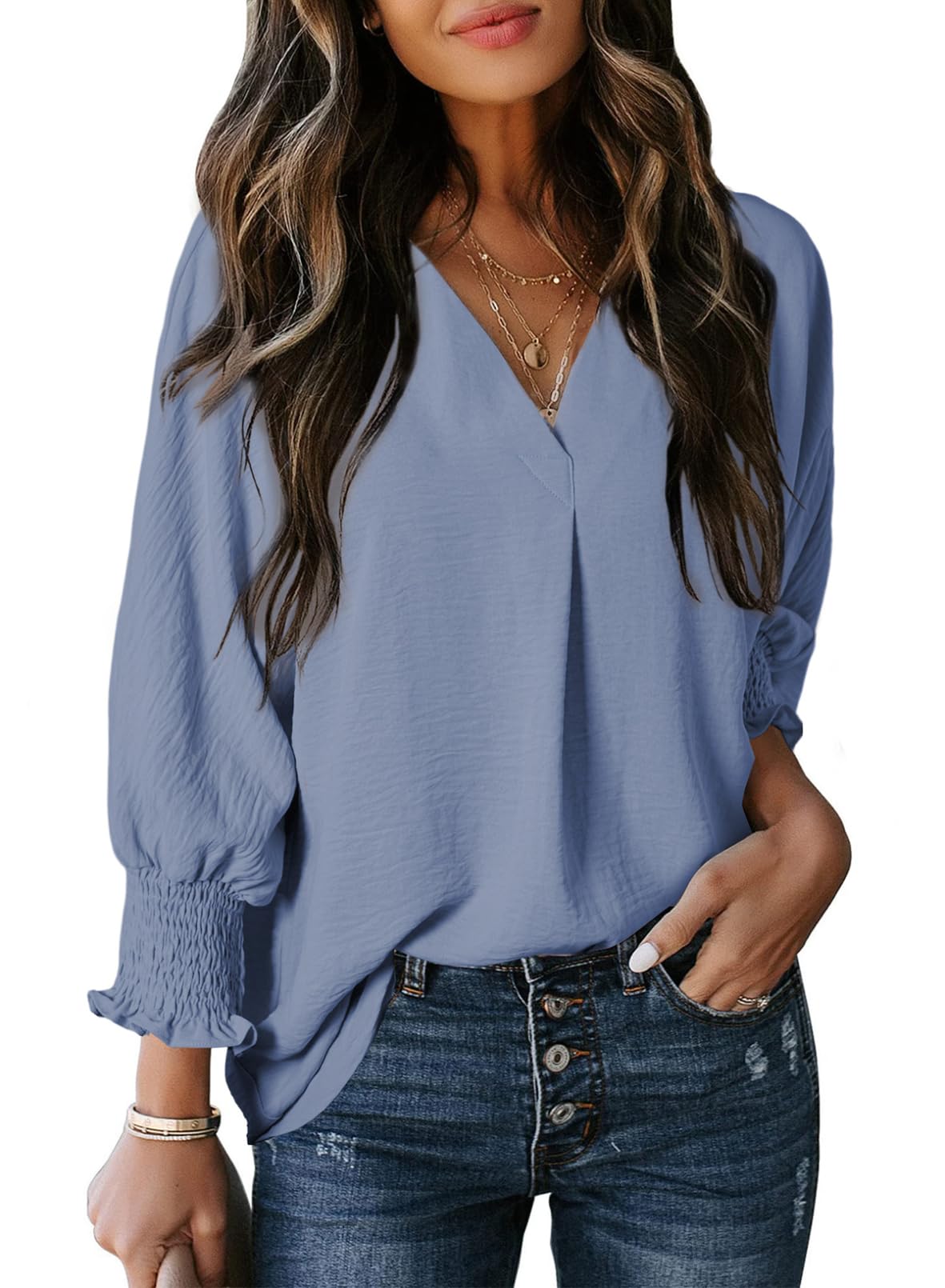 🔥Hot Sale-Womens Casual 3/4 Sleeve V Neck Loose Fit Basic Tees