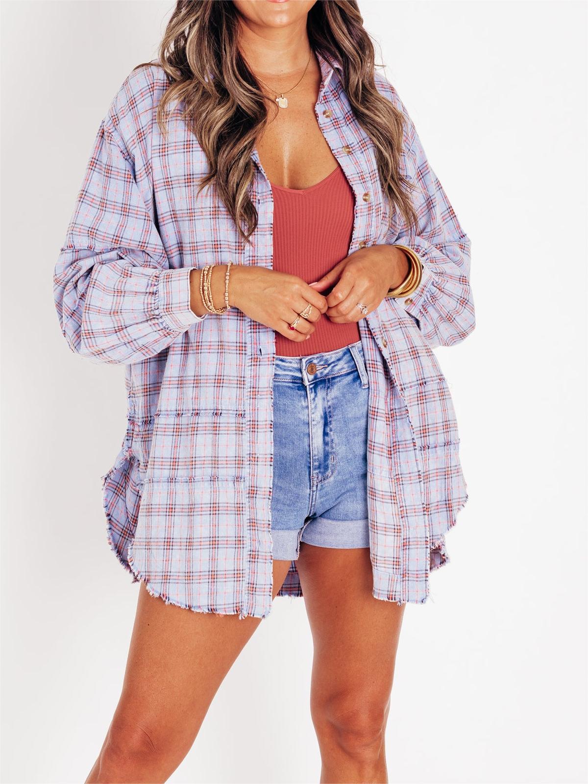 2024 Women's Mineral Washed Button Down Plaid Shirt with Pockets (Buy 2 Free Shipping)