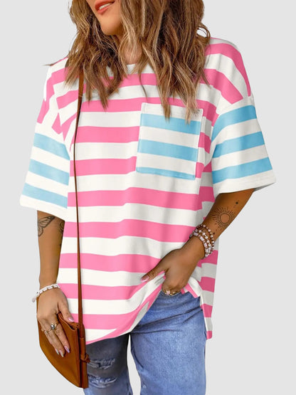 Womens Oversized Color Block Striped Tshirts Summer Casual Short Sleeve Tops