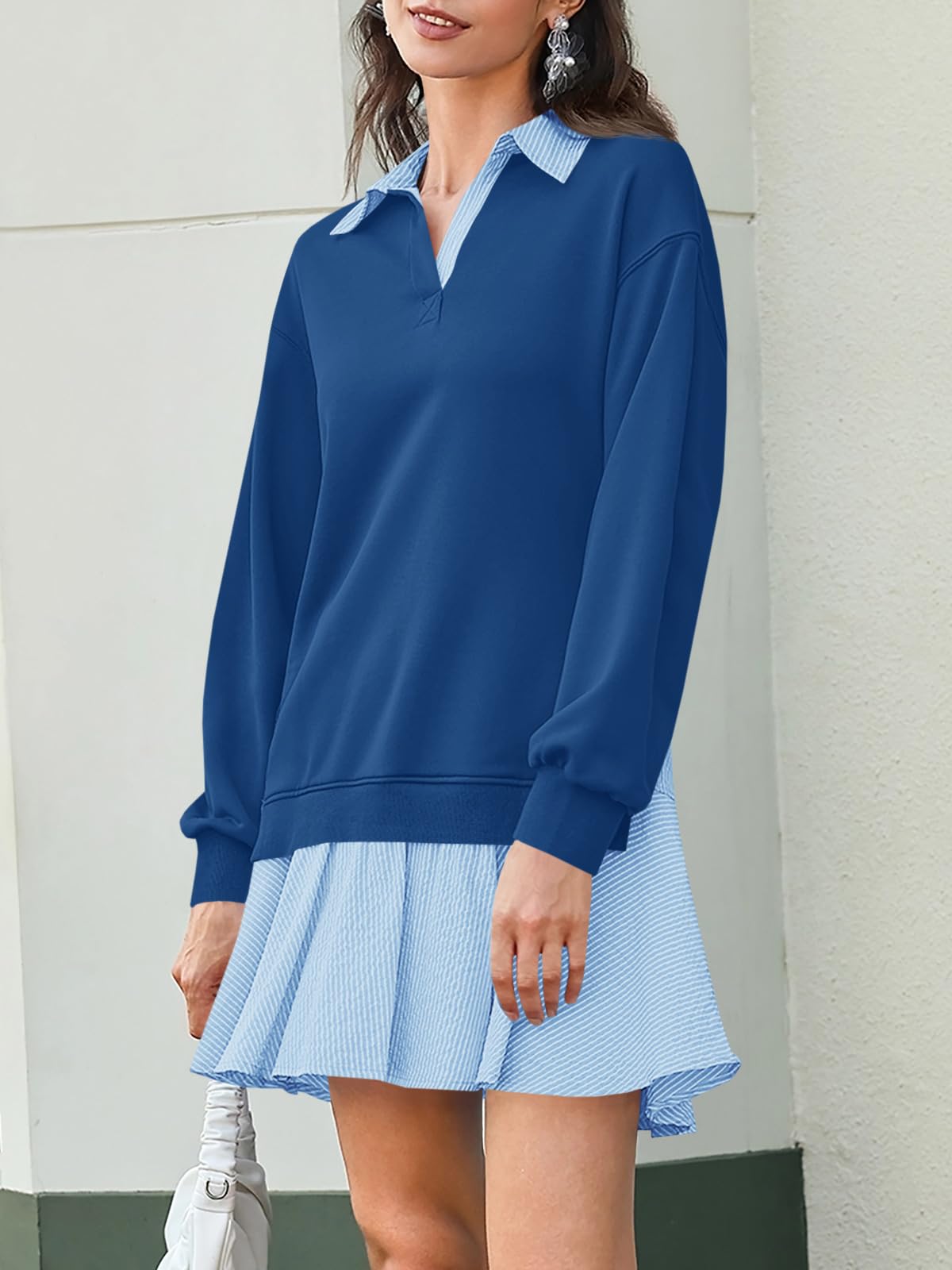Limited time sale🔥Women's Oversized Collared V Neck Patchwork Sweatshirt Dress