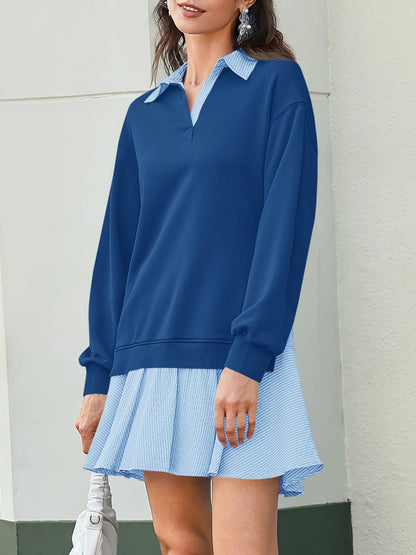 Limited time sale🔥Women's Oversized Collared V Neck Patchwork Sweatshirt Dress