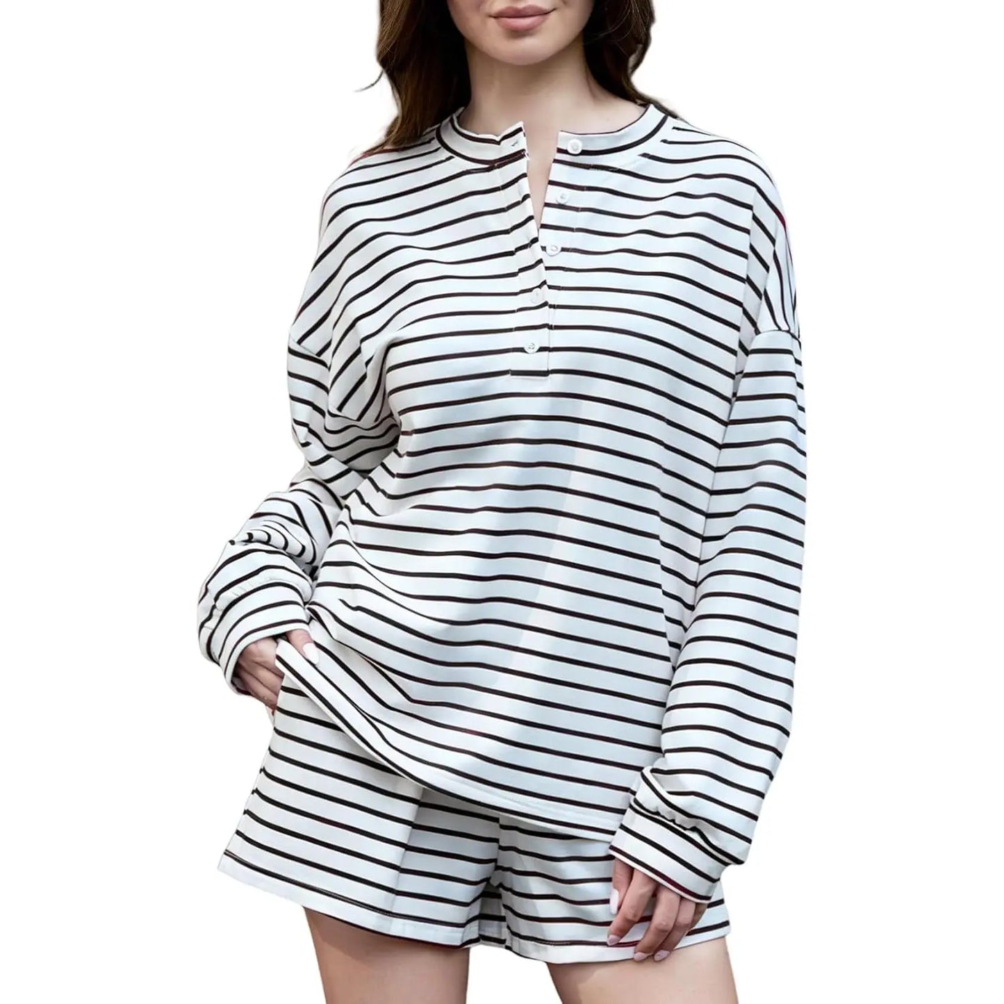 Striped Henley Neck Long Sleeve Top & Shorts Two Piece Set