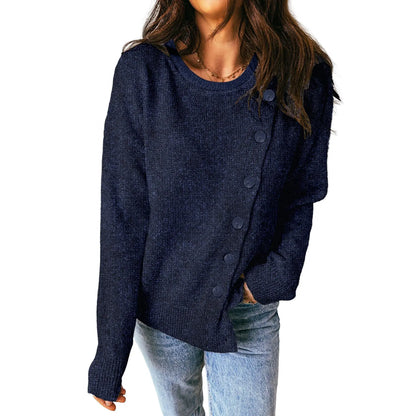 Women Long Sleeve Crew Neck Asymmetric Diagonal Button Knit Top