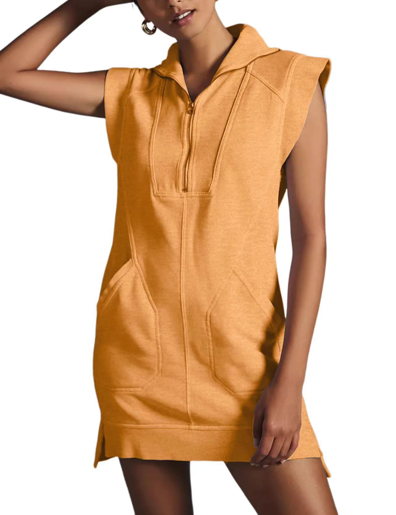Womens Half Zip Sweatshirt Dresses Summer V Neck Sleeveless Pullover Tunic Tops Mini Dress （⏰ 40% OFF TODAY)