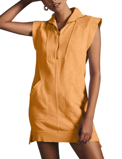 Womens Half Zip Sweatshirt Dresses Summer V Neck Sleeveless Pullover Tunic Tops Mini Dress （⏰ 40% OFF TODAY)
