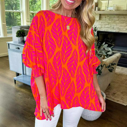 ✨2025 Women Leaf Print Smocked Puff Sleeve Blouse