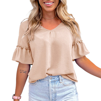 ✨Womens Causal Blouses Summer Clothes V Neck Ruffle Short Sleeve Shirts Tops