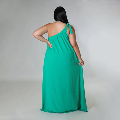 2023 Plus Size One Shoulder Solid Maxi Dress
