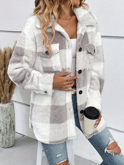 Women's Multicolored Plush Plaid Button Down Jacket Loose Coat with Pockets