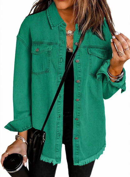 Hot Sale-Women Oversized Washed Denim Shacket with Frayed Hem