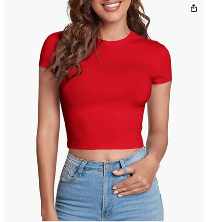 HOT SALE❤Women's Basic Teen T-Shirt Round Neck Short Sleeve Slim Fit Casual Crop Top（Buy 2 Free Shipping）