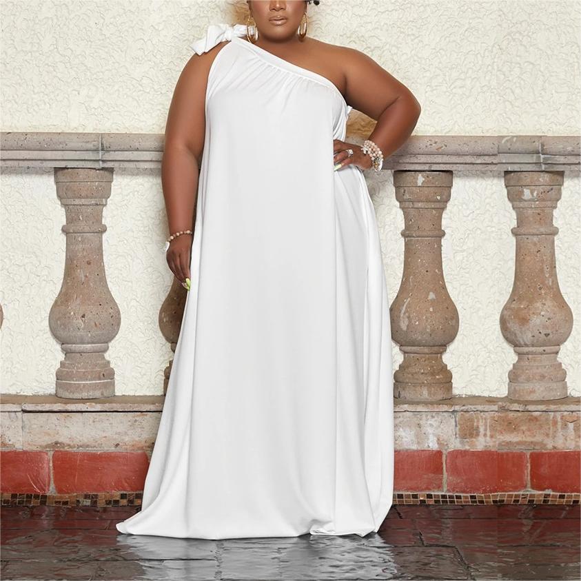 2023 Plus Size One Shoulder Solid Maxi Dress