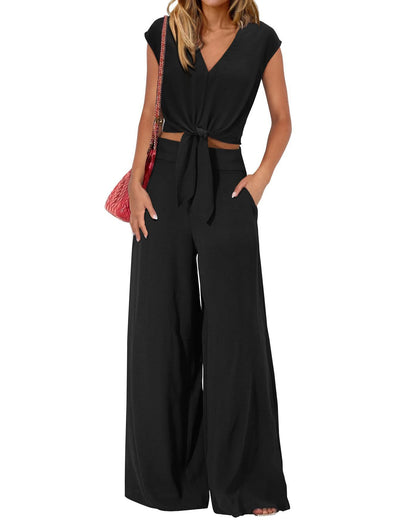 Women's Summer Cap Sleeve V Neck Drawstring Cropped Top Wide Leg Pants Suit
