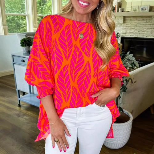 ✨2025 Women Leaf Print Smocked Puff Sleeve Blouse