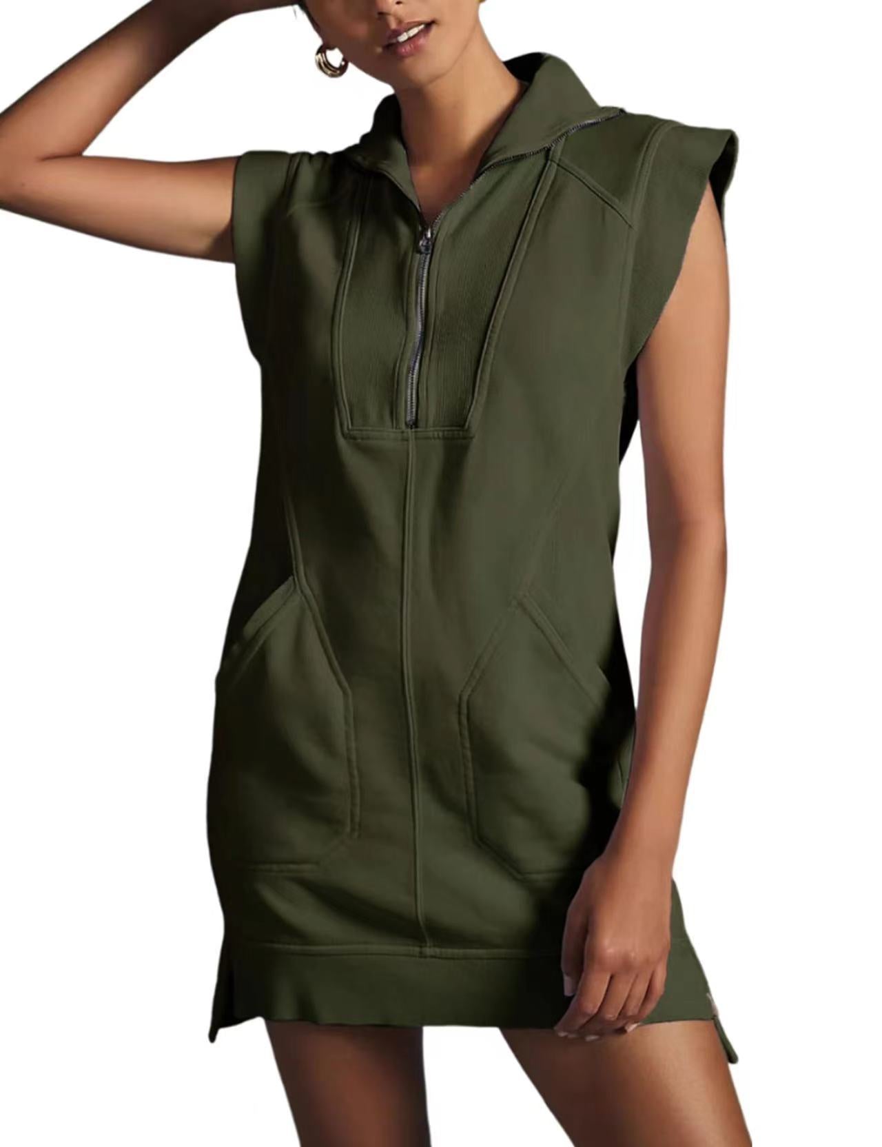 Womens Half Zip Sweatshirt Dresses Summer V Neck Sleeveless Pullover Tunic Tops Mini Dress （⏰ 40% OFF TODAY)