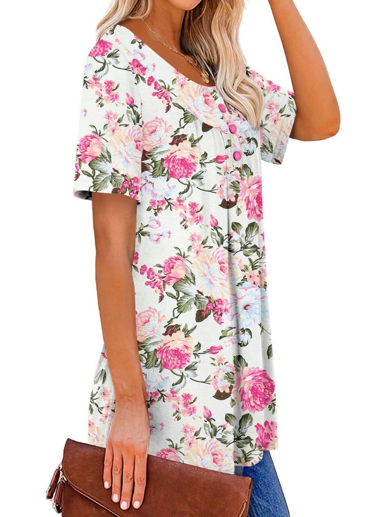✨Women's Printed Botton Down Pleated Short Sleeve Shirts Tunic Tops