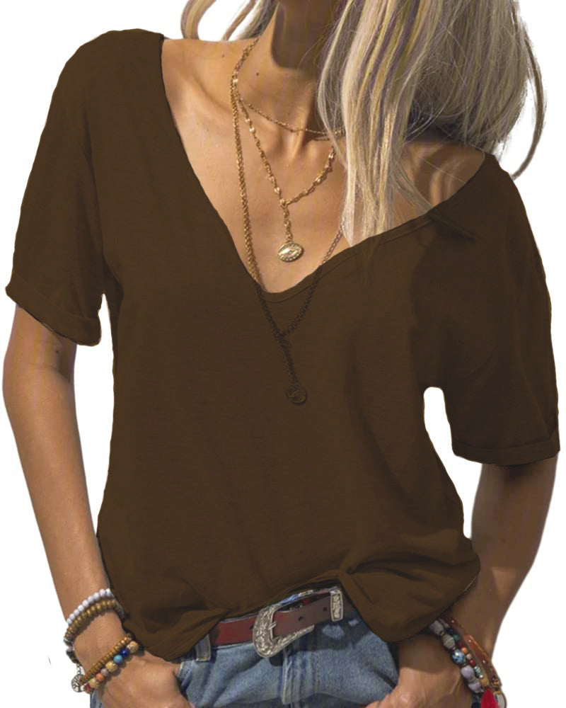 ✨Women's V-neck Solid Color Casual Short Sleeved Basic Top