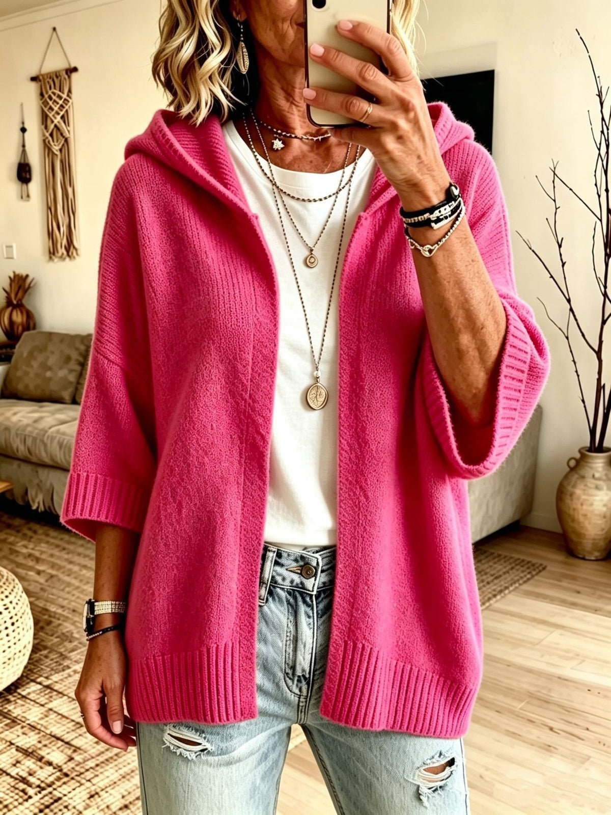Women 3/4 Sleeve Hooded Knit Cardigan