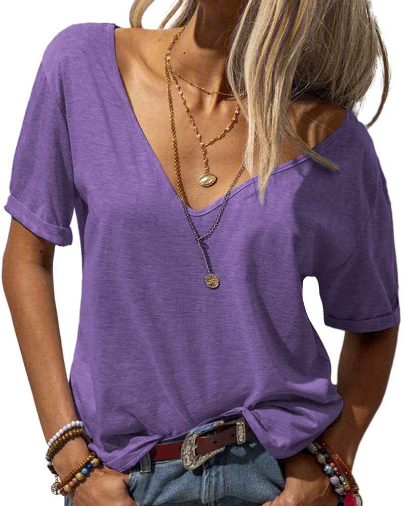 ✨Women's V-neck Solid Color Casual Short Sleeved Basic Top