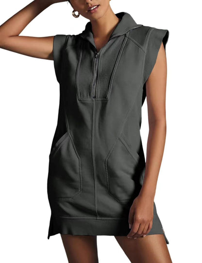 Womens Half Zip Sweatshirt Dresses Summer V Neck Sleeveless Pullover Tunic Tops Mini Dress （⏰ 40% OFF TODAY)
