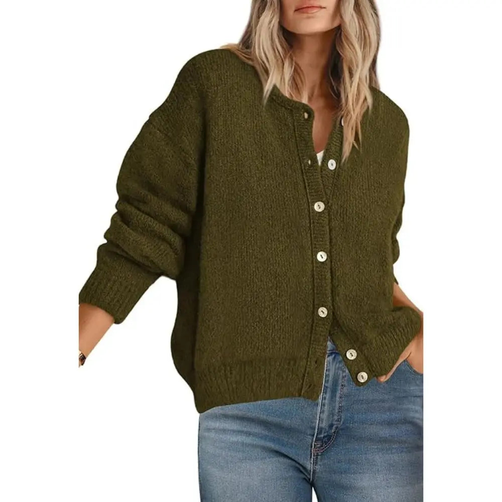 Round Neck Button Long Sleeve Knit Cardigan