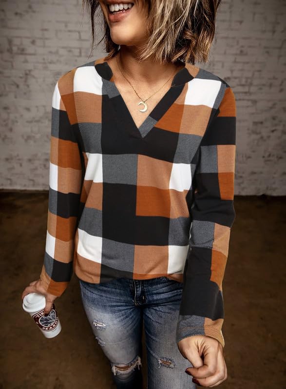✨Women's V Neck Plaid Print Cuffed Long Sleeve Shirt
