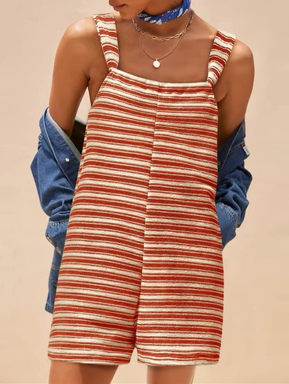 Womens Casual Loose Striped Tied Shorts Overalls Jumpsuit with Pockets