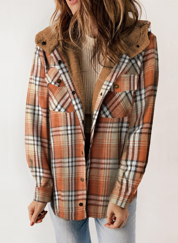 ⏰Hot Sale-Women's Thickened Flannel Long Sleeve Plaid Jacket Coat with Hood