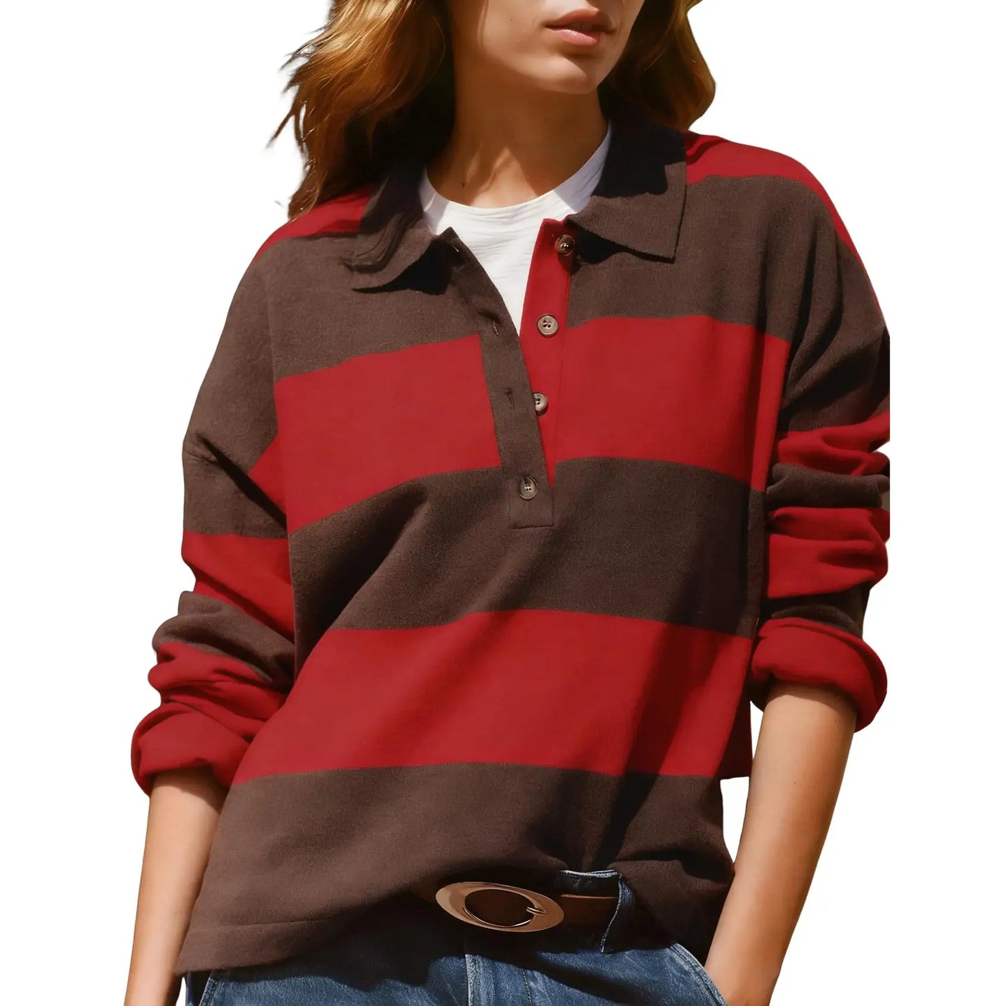 Women Long Sleeve Knit Striped Collared Sweaters Pullover