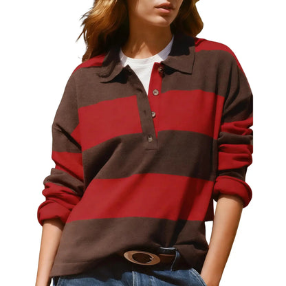 Women Long Sleeve Knit Striped Collared Sweaters Pullover