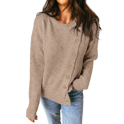 Women Long Sleeve Crew Neck Asymmetric Diagonal Button Knit Top