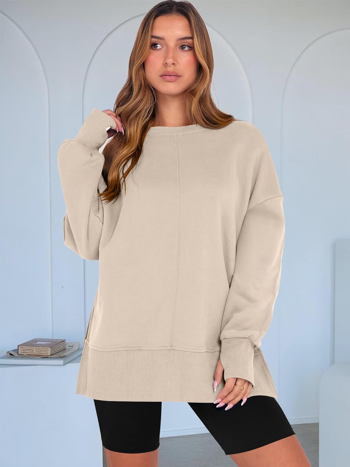 ✨Womens Oversized Thumbhole Long Sleeve Side Slit Pullover Top