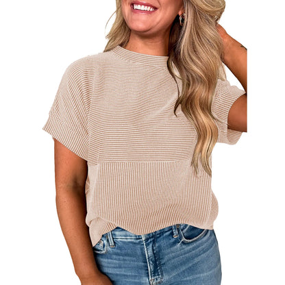 Women Textured Rib Splice Crew Neck Loose Fit Knit Short Sleeve T-shirt