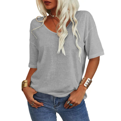 ⏰Hot Sale-Women's V-Neck Half Sleeves Oversized T-shirt Solid Basic Tops
