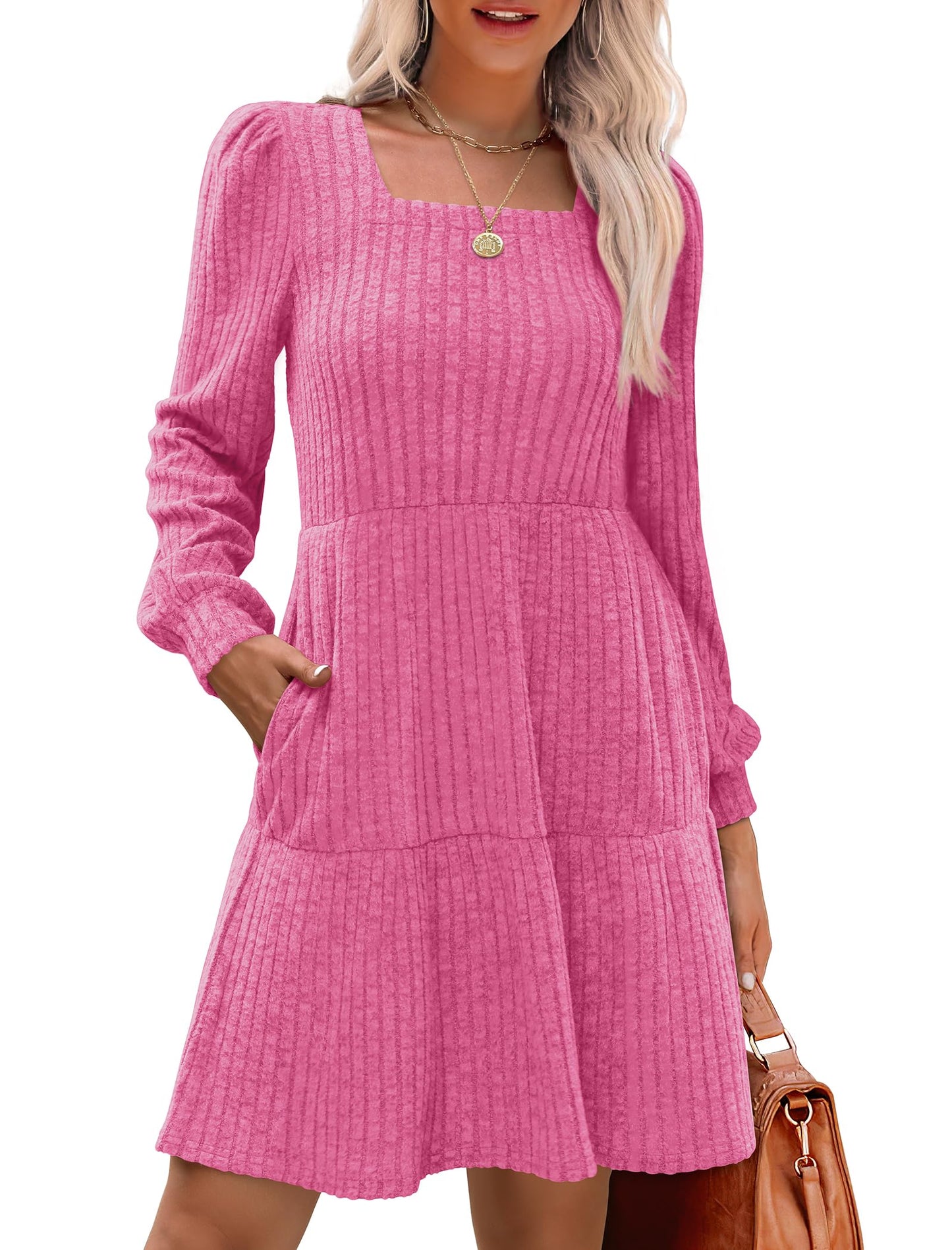 ✨Women's Square Neck Lantern Sleeve Ribbed Dress