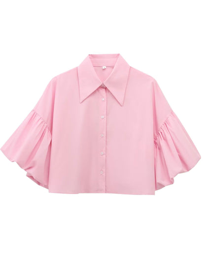✨Womens Cute Lantern Sleeve Collar Button Down Crop Tops