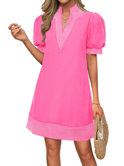 Women's Floral Stripe Trim Puff Sleeve Mini Dress