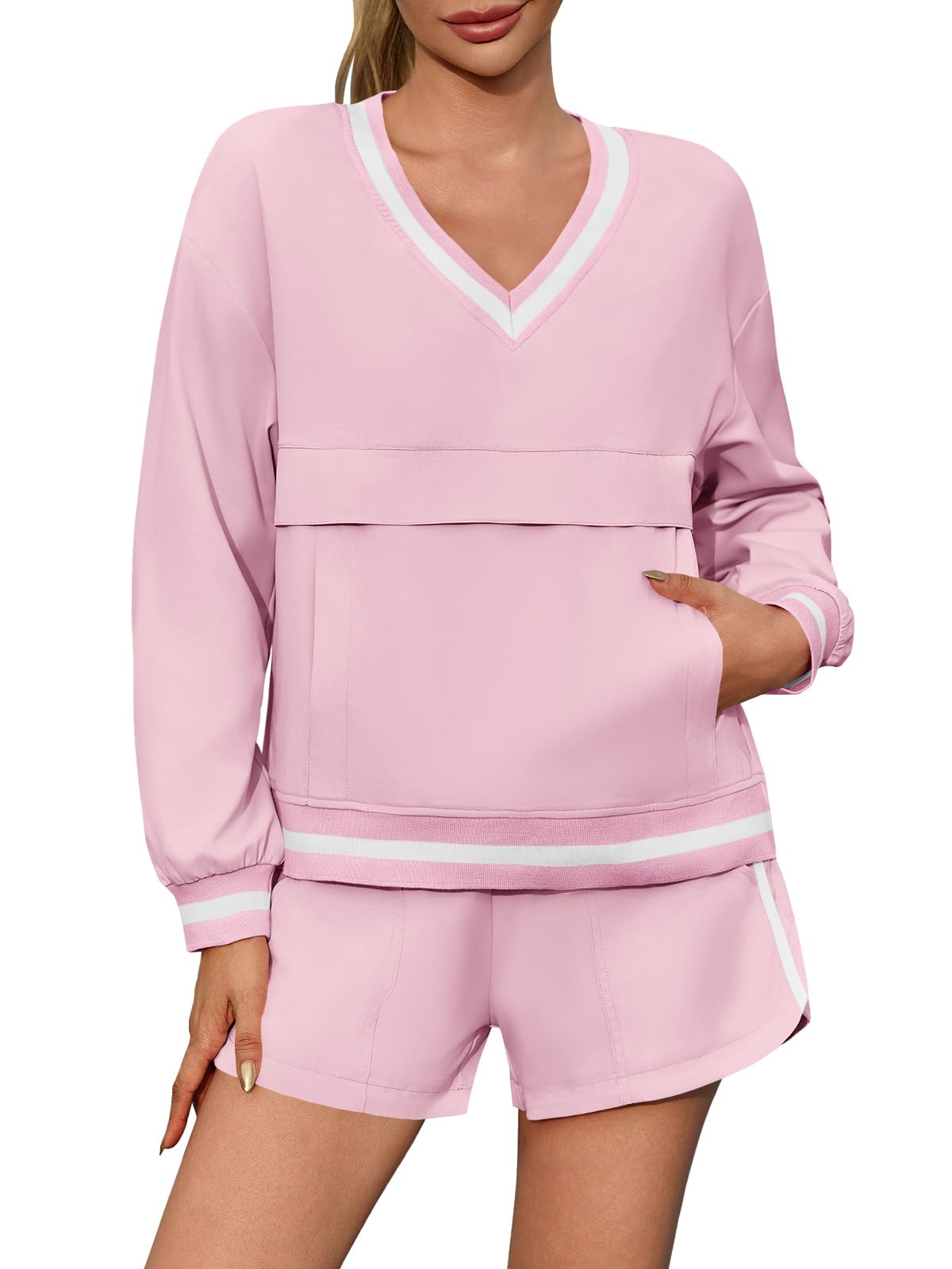 Womens Long Sleeve V Neck Sweatshirt High Waist Running Shorts Sets