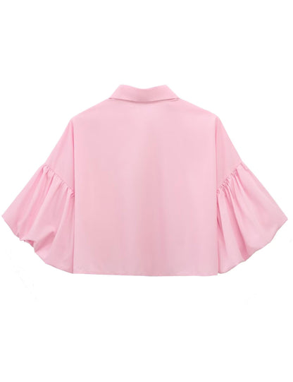 ✨Womens Cute Lantern Sleeve Collar Button Down Crop Tops