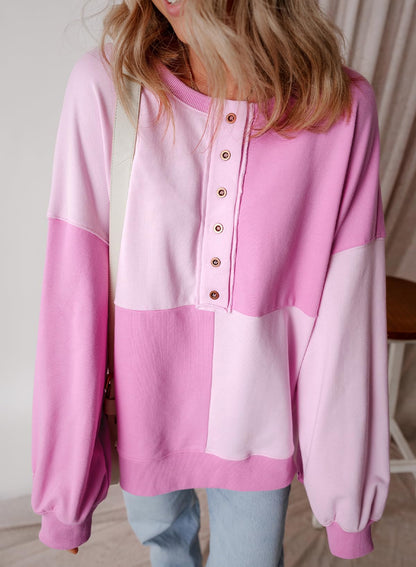 ⏰Hot Sale-Women's Casual Color Block Loose Button Henley Pullover Top