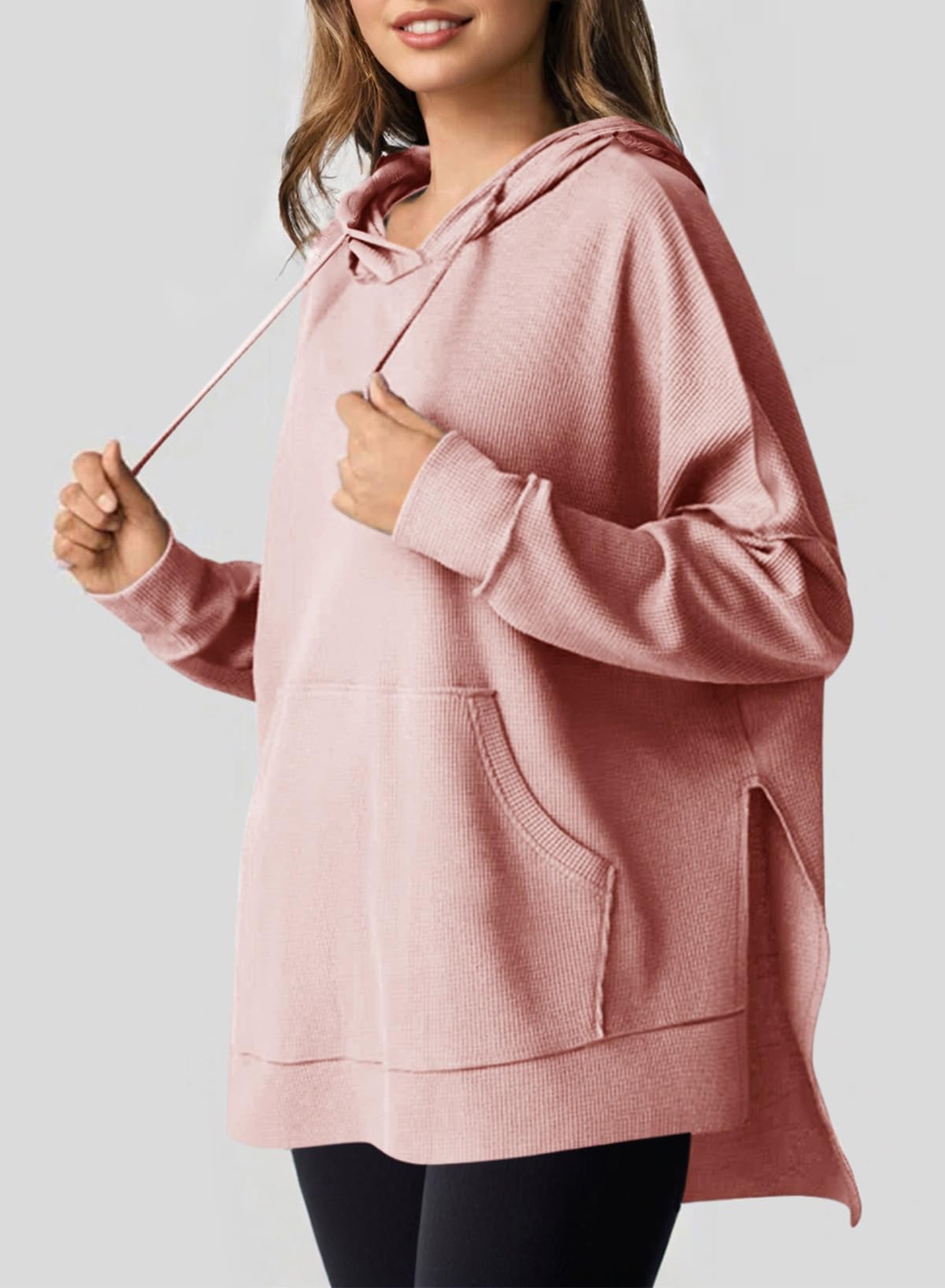 ✨Oversized Hoodies for Women Waffle Knit Drawstring Side Slit Pullover Sweatshirts with Pocket (Final Days: Big Savings!!!)
