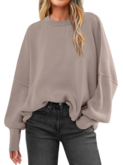 Women Oversized Side Slit Ribbed Knit Pullover Sweaters Top