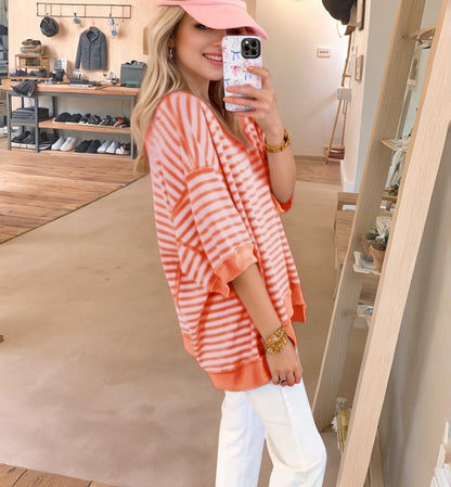 ✨Womens Oversized Striped Color Block Casual Half Sleeve Tops