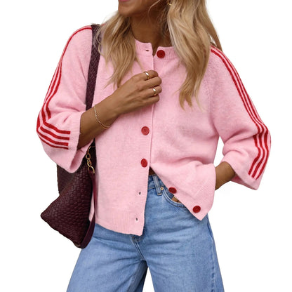 Women Striped 3/4 Sleeve  Crew Neck Button Down Knit Cardigan