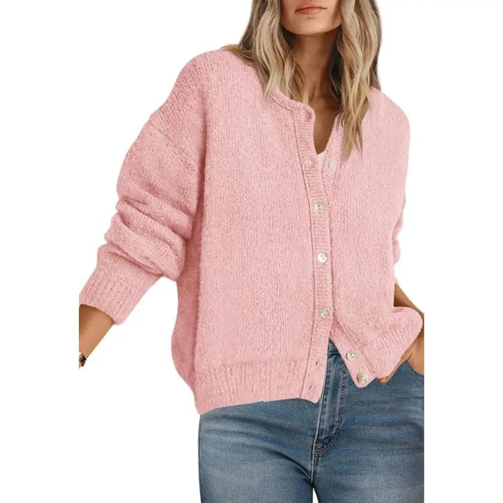 Round Neck Button Long Sleeve Knit Cardigan