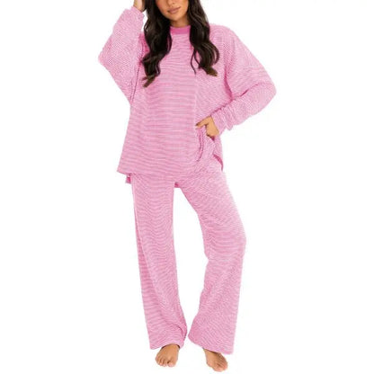Striped Crew Neck Split Hem Top & Pants Two Piece Set