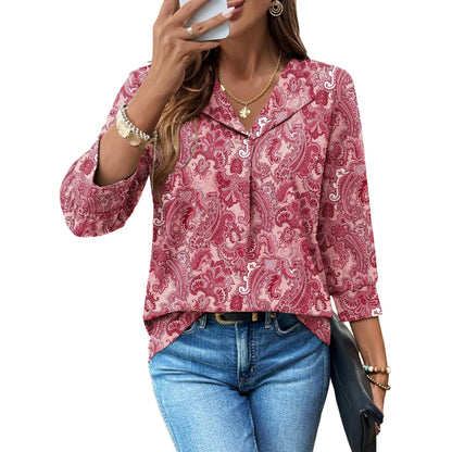 Lapel Collar V Neck Sketch Floral Print 3/4 Puff Sleeve Casual Blouse