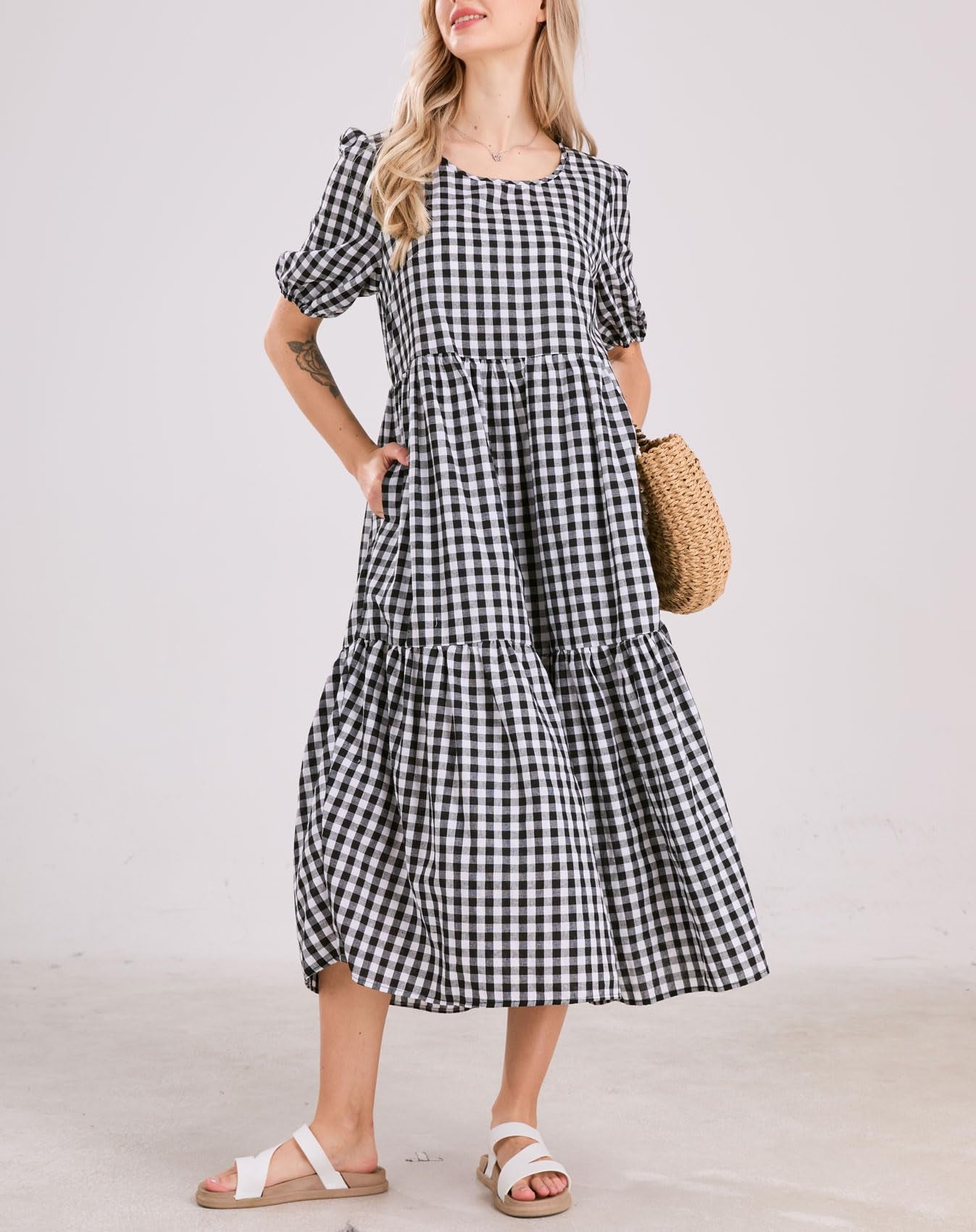 ⏰Hot Sale-Women's Retro Lantern Puff Sleeve Plaid Tiered Dress
