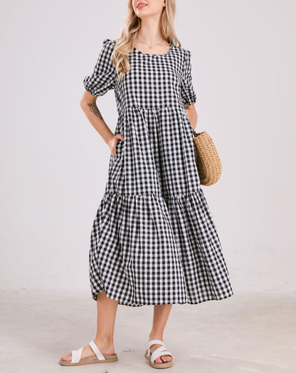 ⏰Hot Sale-Women's Retro Lantern Puff Sleeve Plaid Tiered Dress